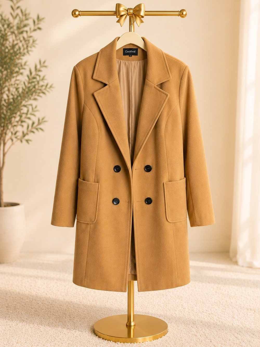 Chouyatou Camel Double Breasted Wool Blend Peacoat Coat Size XXL